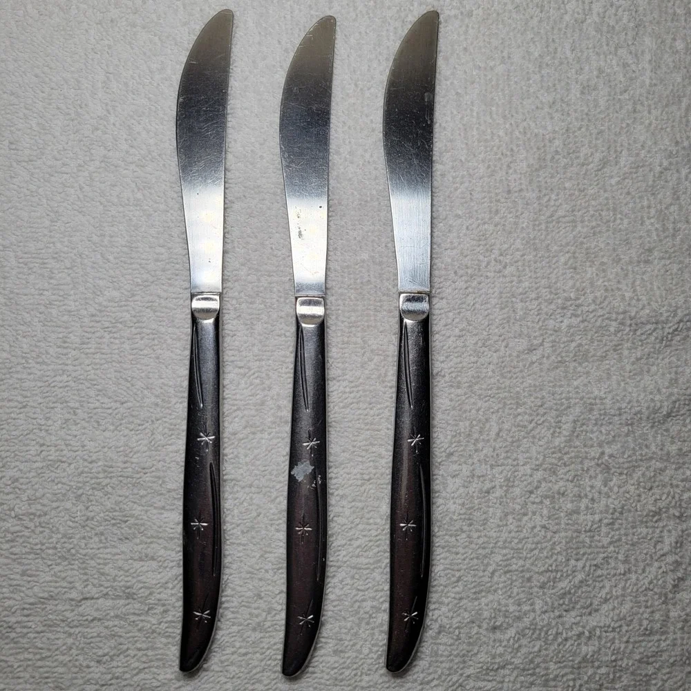 Vintage Atomic Starburst Stainless‎ Steel Dinner Knives Set of 3 MCM North Star